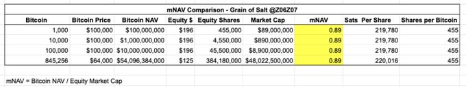 The image shows a spreadsheet with various financial data about Bitcoin companies. The main focus of the image is the column titled "Bitcoin Treasury Companies" which lists several Bitcoin companies such as @Strategy, @Strive, and others. These companies are known for their involvement in Bitcoin trading and acquiring Bitcoins through equity markets. The image also includes a yellow number that stands out against the gray background, possibly representing a specific financial figure or data point related to Bitcoin companies' balance sheets.
