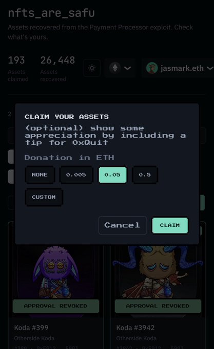 A screenshot of the nfts_are_safu website showing a 'CLAIM YOUR ASSETS' dialog box with donation options in ETH (none, 0.005, 0.05, 0.5) and Cancel/CLAIM buttons.