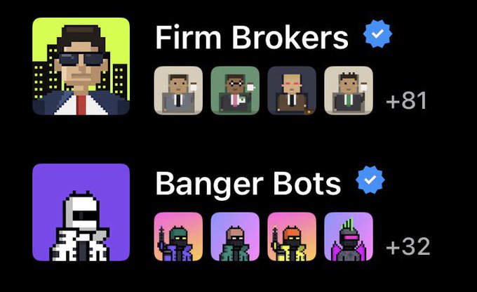 A screenshot showing two pixel art NFT collections titled 'Firm Brokers' with +81 items and 'Banger Bots' with +32 items, both marked with verified checkmarks.