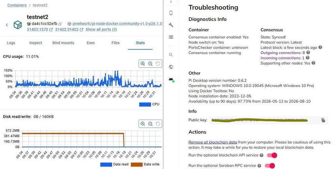 A container management dashboard showing stats for 'testnet2' container (da4c1cc52efb) with CPU usage charts at 11.01%, disk read/write graphs, and troubleshooting info including Pi Desktop version 0.6.2 and Windows 10 Pro.
