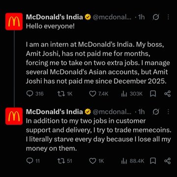 Screenshot of a McDonald's India social media post complaining about an unpaid intern named Amit Joshi, describing poverty and memecoin trading.