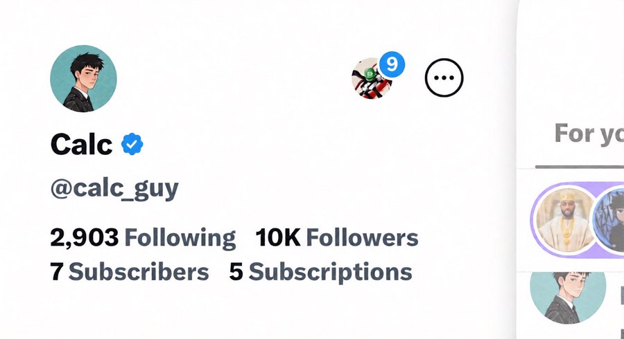 A social media profile page for 'Calc' (@calc_guy), verified with 10K followers, 2,903 following, 7 subscribers, and 5 subscriptions.