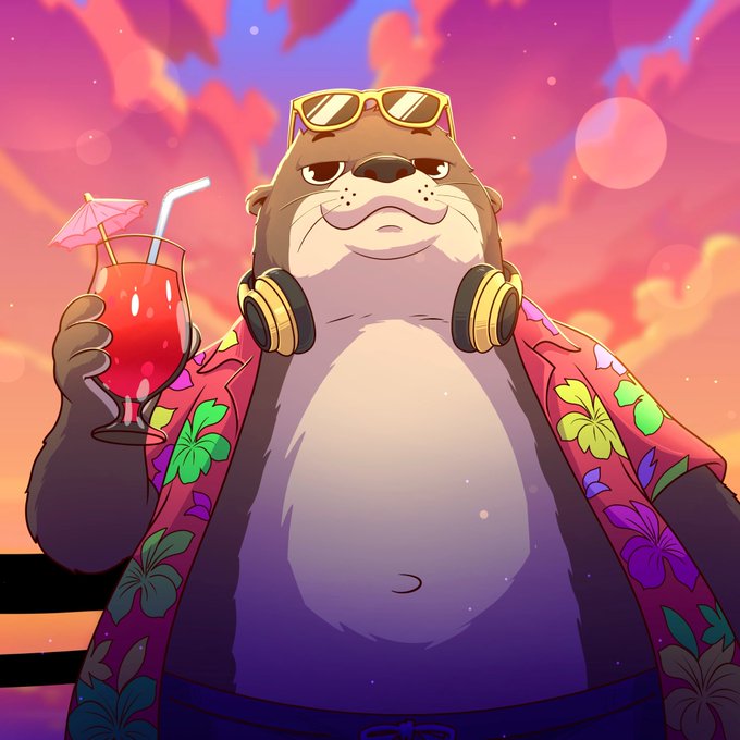 An anthropomorphic otter with gold headphones around its neck, wearing a vibrant pink floral Hawaiian shirt and sunglasses pushed atop its head, holds a tropical red cocktail with a pink umbrella against a vivid sunset sky with pink and purple clouds. The cartoon-style mascot embodies the laid-back, tropical vibe fitting for an NFT airdrop raffle announcement, with no visible text or numbers in the image itself.