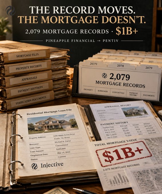 The image shows stacked folders of mortgage files and documents alongside an open binder displaying "2,079 Mortgage Records" totaling "$1B+" in value, with the Pineapple Financial to Pentiv rebrand text, illustrating the post about 2,079 residential mortgages exceeding $1B placed on Injective.