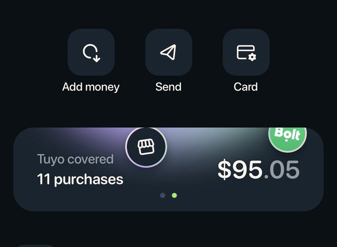 A mobile app screen showing a financial dashboard with options to "Add money," "Send," and "Card," displaying a balance of "$95.05" from "11 purchases" in a category called "Tuyo," with a "Bolt" badge visible.