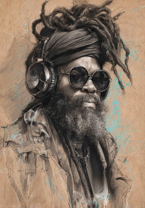 The image features a man with dreadlocks, wearing sunglasses and headphones while looking at the camera. The background of the photo has a brownish hue, which complements the overall color scheme of the image. The caption below the image reads "Gm guys! Lost in the Bitrate on @SuperRare" and "@SuperRare".