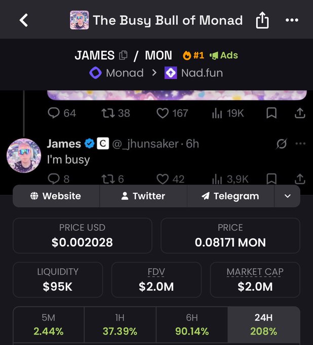 Cryptocurrency tracking page for 'The Busy Bull of Monad' token (JAMES/MON) on Nad.fun showing price of $0.002028, liquidity of $95K, market cap of $2.0M, and a tweet from James (@jhunsaker) saying 'I'm busy'.