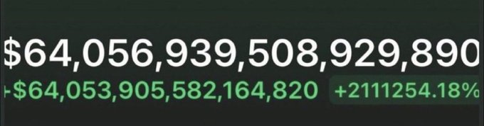 The image shows a massive wallet balance of $64,056,939,508,929,890, with a previous balance of $64,053,905,582,164,820 and a gain of +2111254.18%, humorously depicting an astronomically large and absurd increase that plays on the "What would you do?" scenario in the post.