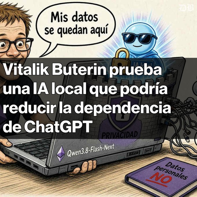An illustration shows a cartoon character saying 'Mis datos se quedan aquí' above a laptop displaying 'Qwen3.8-Flash-Next', with text reading 'Vitalik Buterin prueba una IA local que podría reducir la dependencia de ChatGPT'.