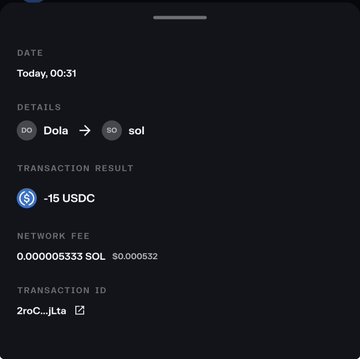 A transaction receipt on a dark background shows a token swap from DO to SO with a result of -15 USDC, network fee of 0.000005333 SOL, and a transaction ID.