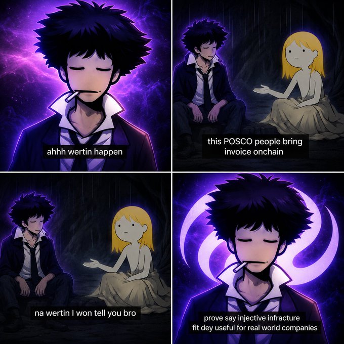 A four-panel anime-style comic featuring a spiky-haired character in a suit, with text including 'ahhh wertin happen', 'this POSCO people bring invoice onchain', 'na wertin I won tell you bro', and 'prove say injective infracture fit dey useful for real world companies'.