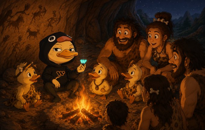 urn of fire, ducklings, and a cave with cave paintings are depicted in an illustration by a cartoon artist.