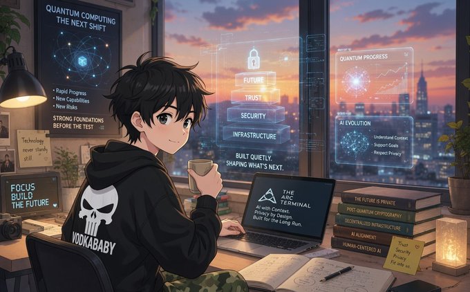 An anime-style illustration of a young person wearing a 'VODKABABY' hoodie working on a laptop labeled 'THE ARC TERMINAL', surrounded by quantum computing and AI-themed holographic displays.