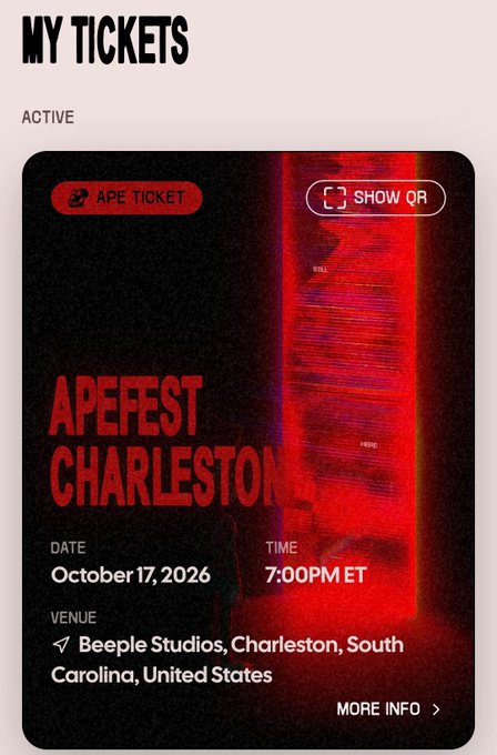 A digital ticket interface titled 'MY TICKETS' shows an active APE TICKET for 'APEFEST CHARLESTON' on October 17, 2026 at 7:00 PM ET at Beeple Studios, Charleston, South Carolina.