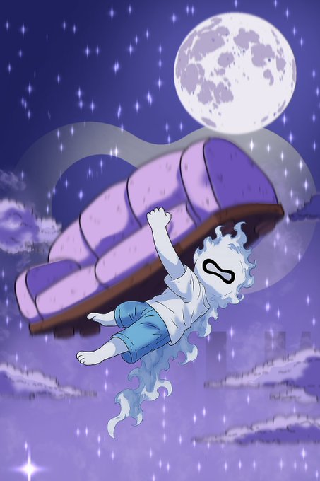 A cartoon drawing of a ghost-like figure with a white mask riding on a purple flying object through a starry night sky with a full moon.