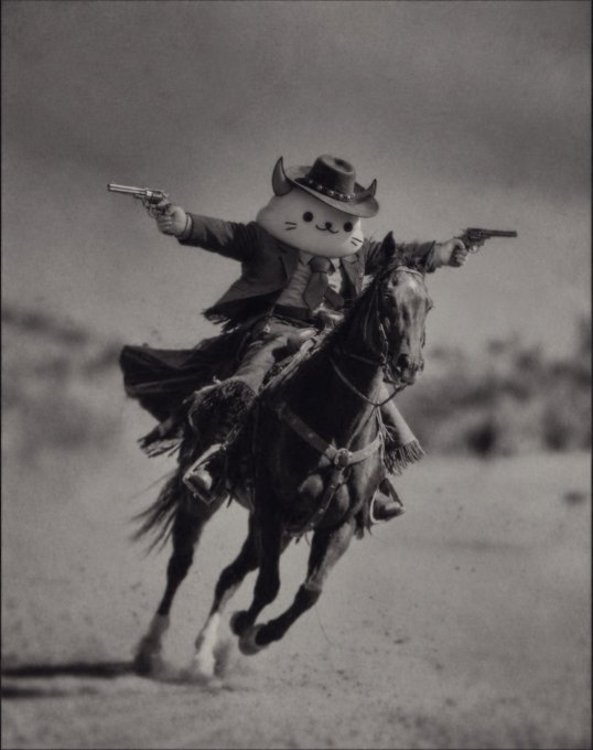 A black-and-white photo of a person in a cowboy outfit and cat mask dual-wielding pistols while riding a galloping horse.