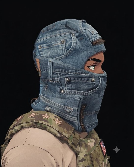 Stylized digital artwork of a character wearing a denim balaclava and camouflage tactical vest with an American flag patch.