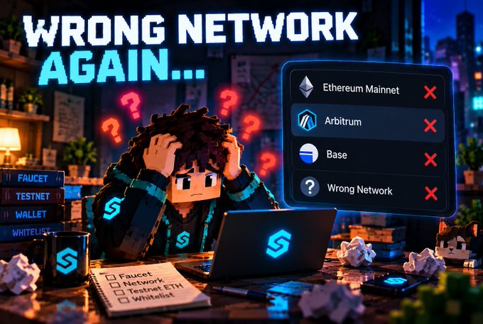 A voxel-style illustration showing a frustrated character with question marks above their head, with text "WRONG NETWORK AGAIN..." and a checklist showing Ethereum Mainnet, Arbitrum, Base, and Wrong Network all marked with red X's.