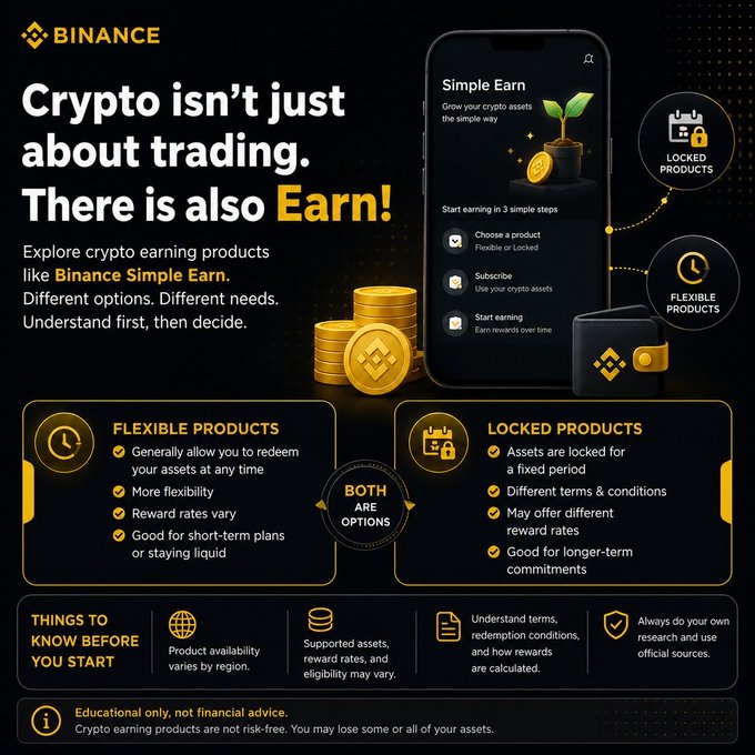 A Binance promotional graphic reading 'Crypto isn't just about trading. There is also Earn!' highlighting 'Flexible Products' and 'Locked Products' with app screenshots and coin imagery.