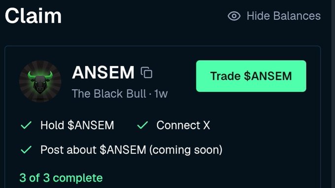 A dark-themed 'Claim' interface for a crypto token showing 'ANSEM' titled 'The Black Bull · 1w' with a green 'Trade $ANSEM' button, showing all 3 of 3 tasks complete.