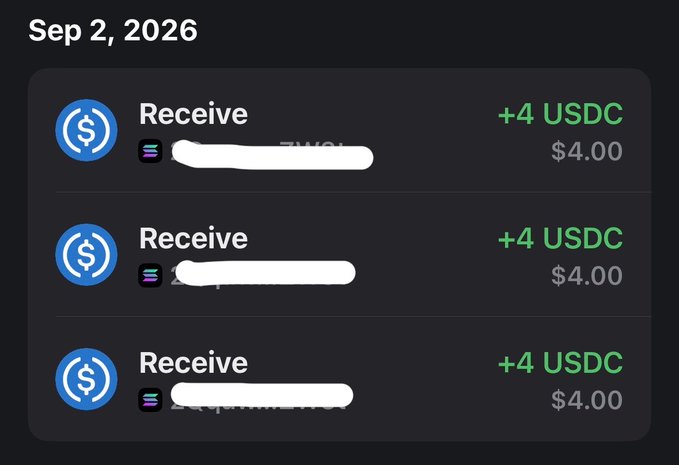 A mobile app screenshot showing three "Receive" transactions of +4 USDC each on Sep 2, 2026, with usernames redacted in white.