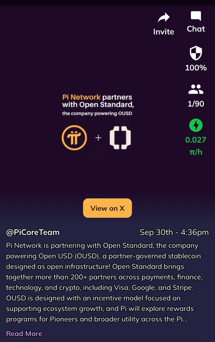 A mobile screenshot from a Pi Network app showing a partnership announcement with Open Standard (OUSD), with metrics like 1/90 and 0.027 π/h.