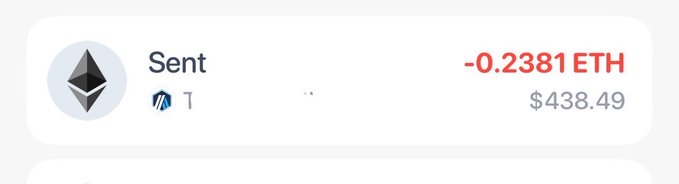 The image displays a transaction record showing "Sent" Ethereum totaling -0.2381 ETH (approximately $438.49) to address starting with "T". This confirms the user's post about losing a significant portion of their Ethereum ($500-600 worth) during a transfer from the Tavaneex exchange, where they were "screwed" out of roughly $60-160 of their funds.