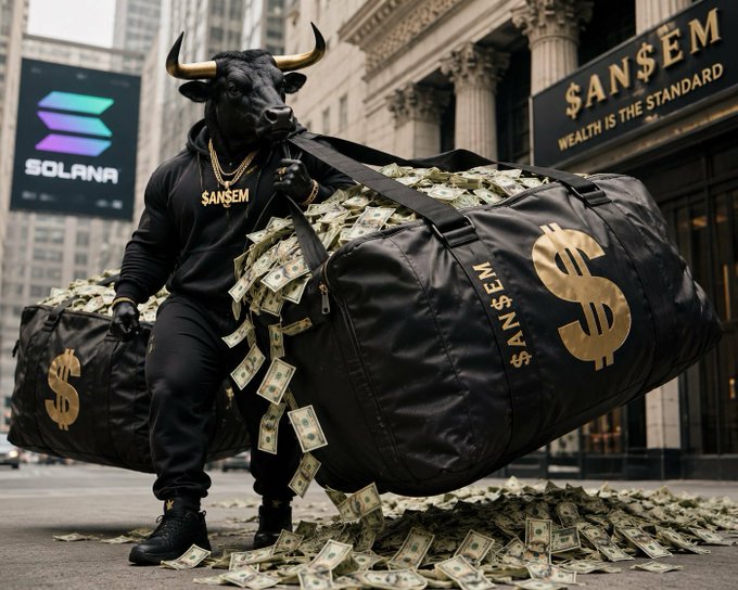 An AI-generated promotional image featuring a person in a black hoodie and bull mask holding two large duffel bags spilling cash, with visible text including 'SOLANA', '$AN$EM', and 'WEALTH IS THE STANDARD'.