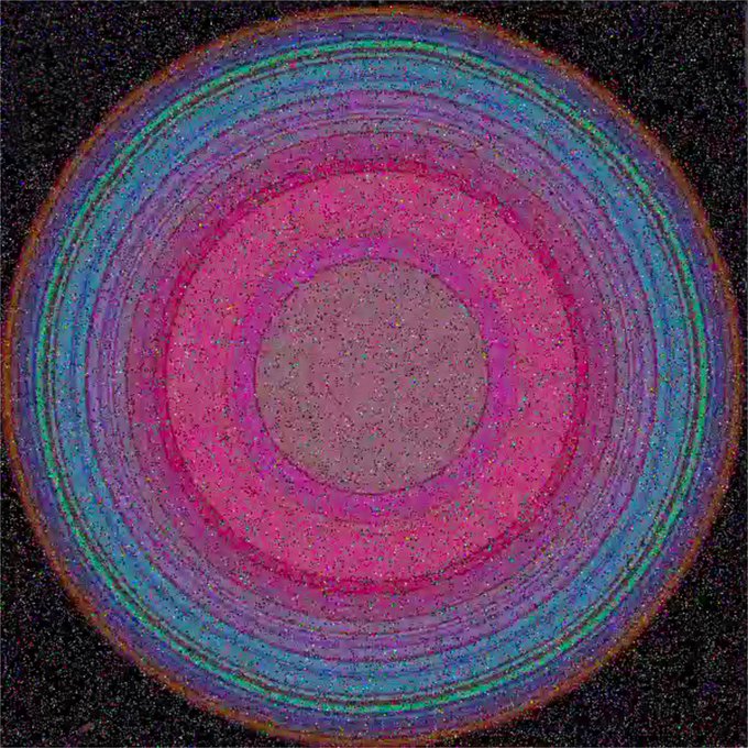 An abstract circular composition featuring concentric rings of purple, blue, and green with a central gray sphere, overlaid with colorful digital noise.