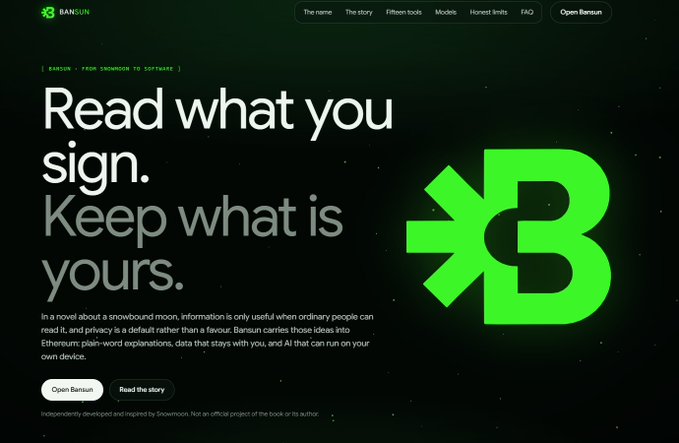 A website landing page for 'BANSUN' displaying the headline 'Read what you sign. Keep what is yours.' next to a large green 'B' logo on a black background.