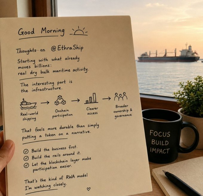 A handwritten note titled "Good Morning" reflecting on "Thoughts on @EthraShip," discussing dry bulk maritime activity and infrastructure, featuring small drawings of a ship, chain, bar chart, and people, next to a black mug reading "FOCUS BUILD IMPACT."