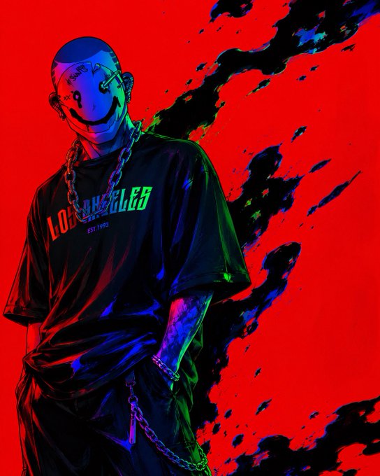 Stylized illustration of a person wearing a smiling mask, a 'Los Angeles' shirt, and chains, set against a bold red background with black splatters.