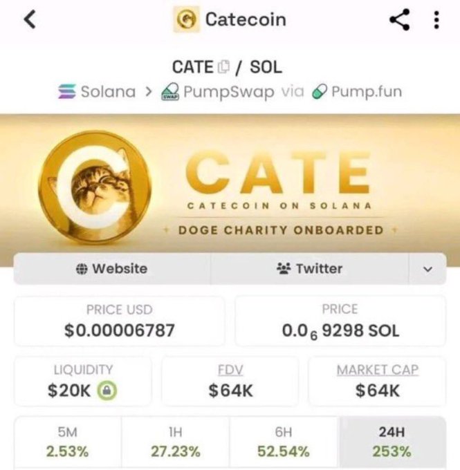 The image shows a CATEcoin ($CATE/SOL) trading page on PumpSwap via Pump.fun on the Solana network, with a current price of $0.00006787 and a market cap/FDV of $64K. The post is boasting an early call on $CATE, claiming it surged from a $50K market cap to $80M (a 1600x gain), and the image confirms the token is still at a low cap ($64K), suggesting the poster views it as another potential runner.