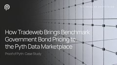 A Proof of Pyth case study titled "How Tradeweb Brings Benchmark Government Bond Pricing to the Pyth Data Marketplace," featuring a dark hexagonal network graphic, announcing the launch of Tradeweb's daily closing prices for US Treasuries, UK Gilts, and EU government bonds on the Pyth Network.