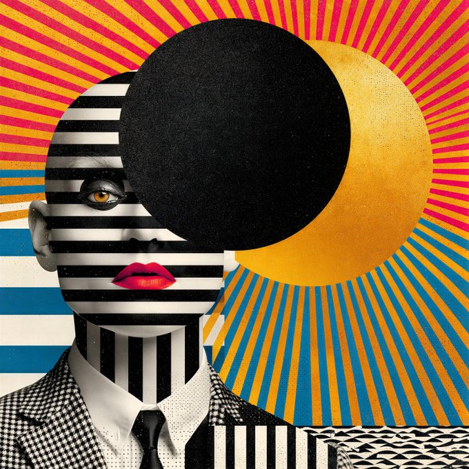 A pop-art style illustration of a woman with a black circle obscuring her eyes, wearing striped patterns on her face and neck, set against a vibrant background of pink, yellow, and blue radiating stripes.