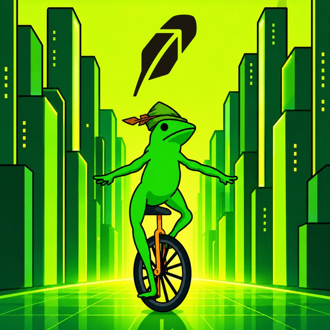 A green cartoon frog wearing an orange bandana balances on a unicycle down a neon-green city street, with the Robinhood feather logo floating above. The image ties into the "DATBOI" meme coin promotion, depicting the classic "dat boi" frog character as part of the $DATBOI ticker being shilled.