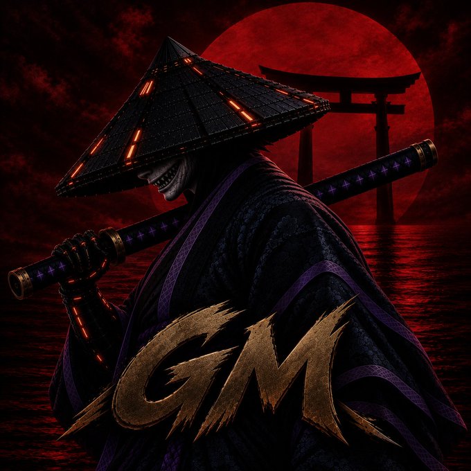 Digital artwork featuring a masked samurai in a dark straw hat wielding a katana against a red moon, with a torii gate in the background and the stylized text 'GYM'.