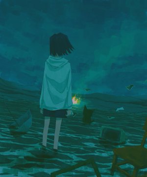 An anime-style illustration of a girl in a hooded jacket standing in a dark, watery landscape holding a glowing object.