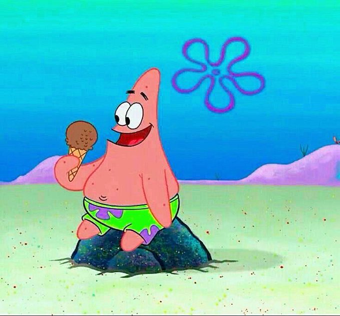 Patrick Star from SpongeBob SquarePants sits on a rock in Bikini Bottom, happily enjoying a chocolate ice cream cone, perfectly matching the "Sunday breakfast" vibes of the post.