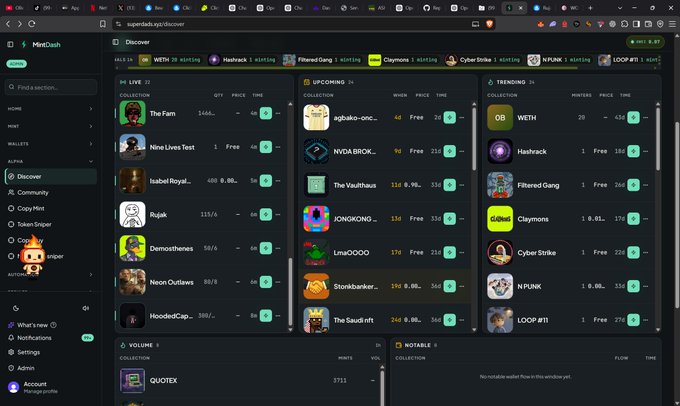 The image shows a screenshot of the SuperRare NFT marketplace, where the user is browsing the "Discover" section to get "back to NFTs." The page displays various NFT collections categorized under tabs like Live, Upcoming, and Trending, with notable names such as "The Fan," "Nine Lives Test," "Isabel Royal," "Rajak," "Demosthenes," "Neon Outlaws," "HoodieClap," "agFolio," "NYDA," "The VaultHaus," "JONGKONG," "Lena0000," "Storkbanker," "The Saudi NFT," "Hashrack," "Filtered Gang," "Claymotions," "Cyber Strike," "N PUNK," and "LOOP #17." Prices and minting times are listed alongside each collection, while the volume section highlights "QUOTEX" at 3,751 mints, reinforcing the user's return to exploring digital collectibles.
