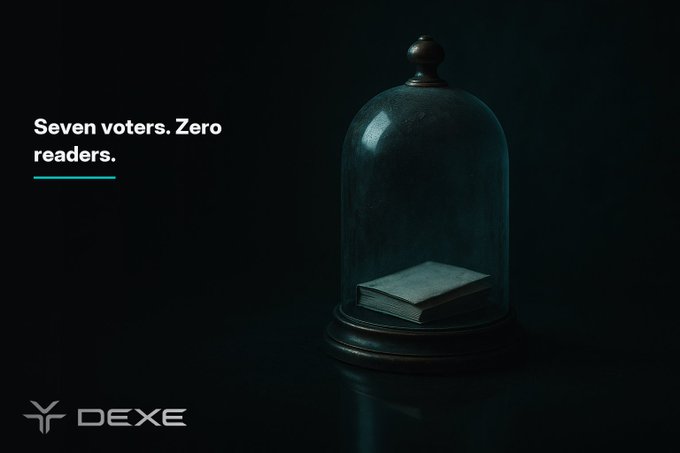 A dark image features a small book encased under a glass cloche alongside the text "Seven voters. Zero readers." and the DEXE logo, visually symbolizing the unexamined BONK governance proposal that was approved without being read before voting.