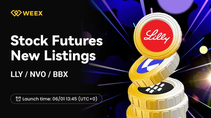 The image features a poster for stock future listings, with a stack of coins at the top that says "stock future new listings" written on them. The poster also includes text about the launch time and the names of the companies involved.