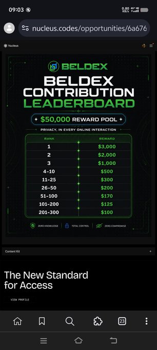 A mobile screenshot from nucleus.codes showing a "BELDEX CONTRIBUTION LEADERBOARD" with a $50,000 reward pool and ranked payouts from $3,000 down to $100.