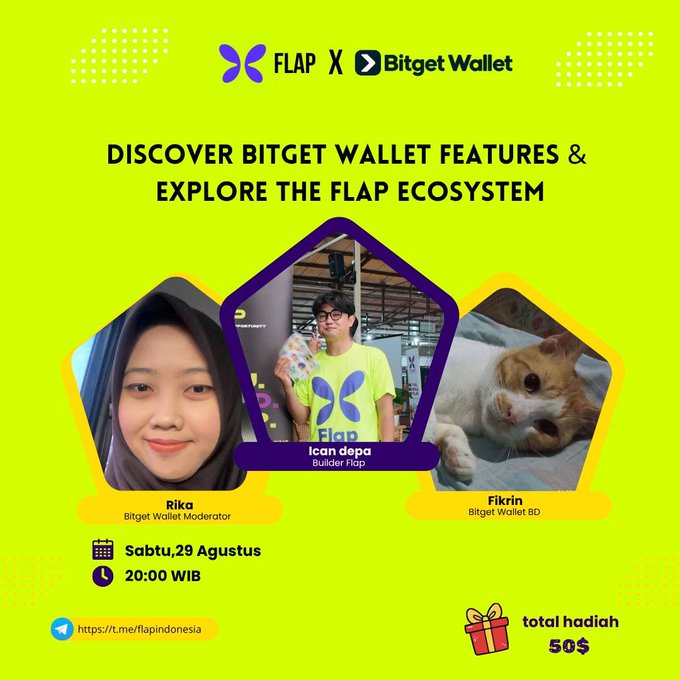 This image promotes an AMA session on Saturday, August 29th at 20:00 WIB, featuring FLAP and Bitget Wallet, with a total reward of $50. The image showcases the event's title, key participants Rika (Bitget Wallet Moderator) and Ican depa (Builder Flap), and the Telegram channel for the event.
