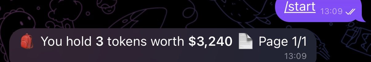 The image shows a chat notification reading "You hold 3 tokens worth $3,240," displaying a portfolio summary alongside a "/start" command issued at 13:09. It relates to the weekly recap by representing an early data point—the bot response to a "/start" command that likely launches the 4-slide weekly summary of holdings.