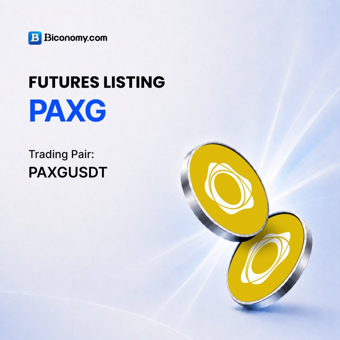 A promotional graphic from Biconomy.com announces "FUTURES LISTING PAXG" with trading pair "PAXGUSDT" and images of two gold PAXG coins.