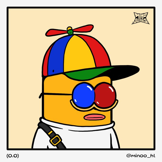 A cartoon character with a yellow face wearing a propeller hat and 3D glasses (one blue, one red), with a 'MINO NFT SERIES' logo in the corner and the handle '@minoo_hl'.