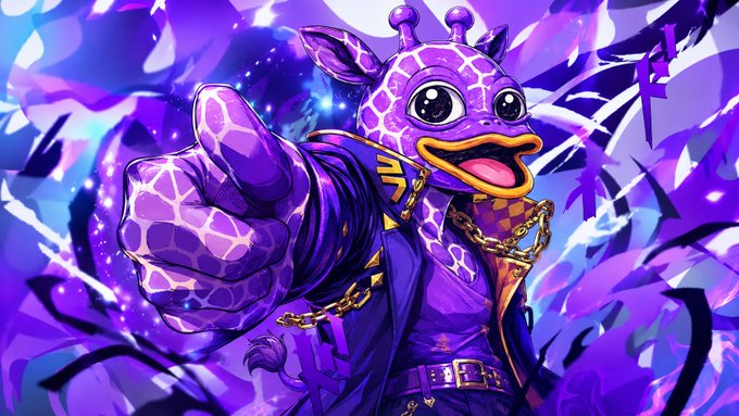 The image features a cartoon giraffe with purple skin, wearing a purple jacket and gold chain around its neck. The giraffe has a big smile and is pointing towards something out of frame. The background consists of purple and blue colors, creating an artistic and vibrant atmosphere. In the corner of the image, there's text that reads "It's a $Lyraffe weekend! LFG." This suggests that the image might be related to a cartoon or graphic design project for a website or social media platform.