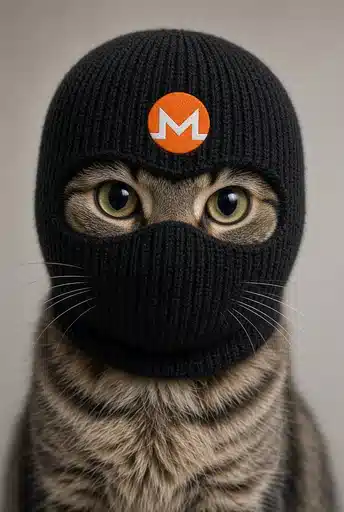 A tabby cat wearing a black ski mask with a Monero (XMR) logo is shown, humorously suggesting a "heist" or underground vibe. The masked cat imagery playfully reinforces the post's excitement about a first Monero payout, evoking the anonymity and privacy associated with the cryptocurrency.