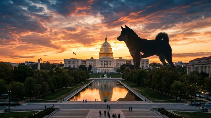 A digitally composited image shows a giant shiba inu dog silhouetted against a dramatic sunset sky, standing behind the U.S. Capitol building with the reflecting pool in the foreground.